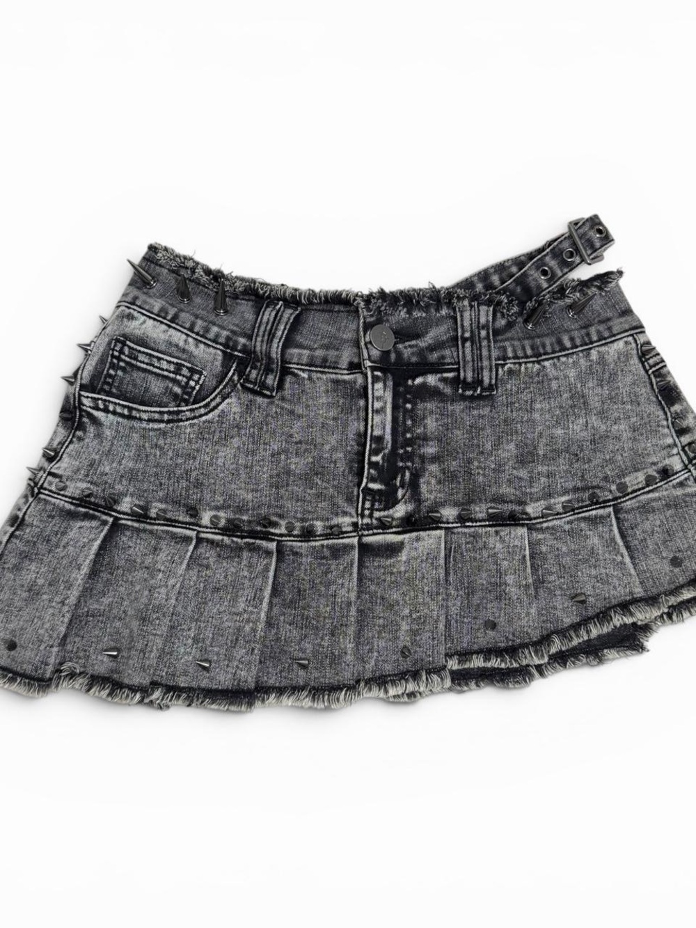 Darker Wavs “Asymmetrical Spiked Mini Skirt” in Grey Acid Wash Denim